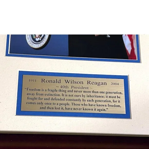President Ronald Reagan Wall Hanging Picture Brass Plaque in Frame 21 X 14 Read
